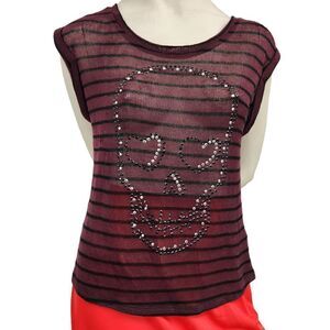 Bongo Sheer Top Short Sleeve Juniors Medium Purple Black Stud Skull Chiffon Back